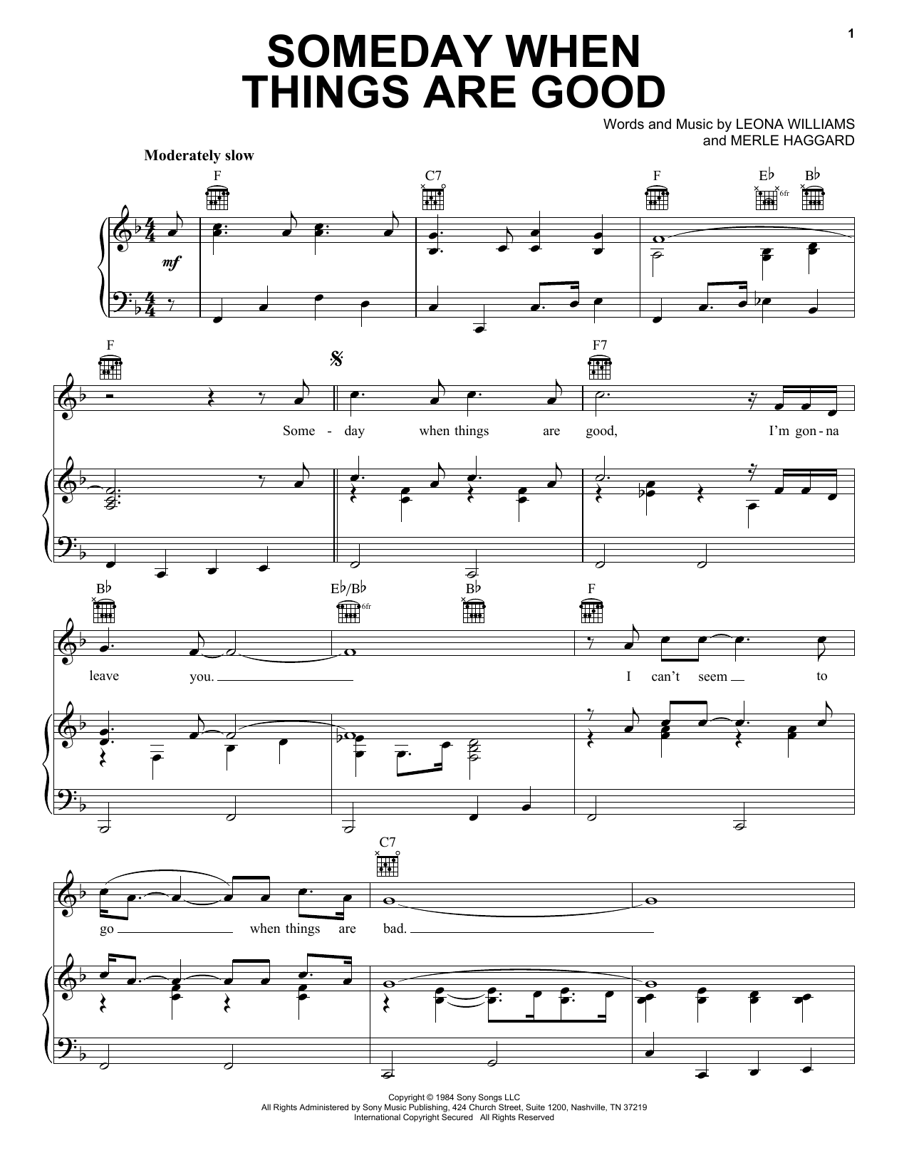 Merle Haggard Someday When Things Are Good Sheet Music Notes & Chords for Piano, Vocal & Guitar Chords (Right-Hand Melody) - Download or Print PDF