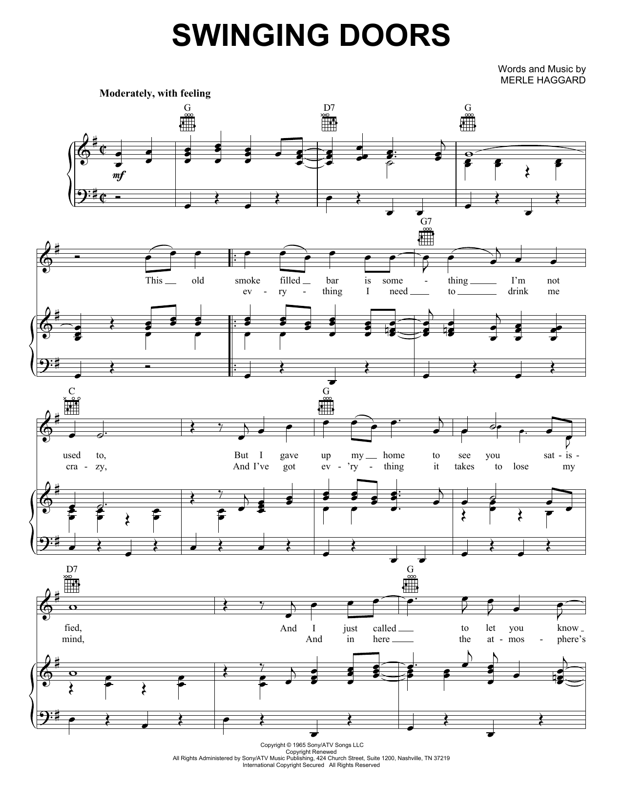 Merle Haggard Swinging Doors Sheet Music Notes & Chords for Piano, Vocal & Guitar (Right-Hand Melody) - Download or Print PDF