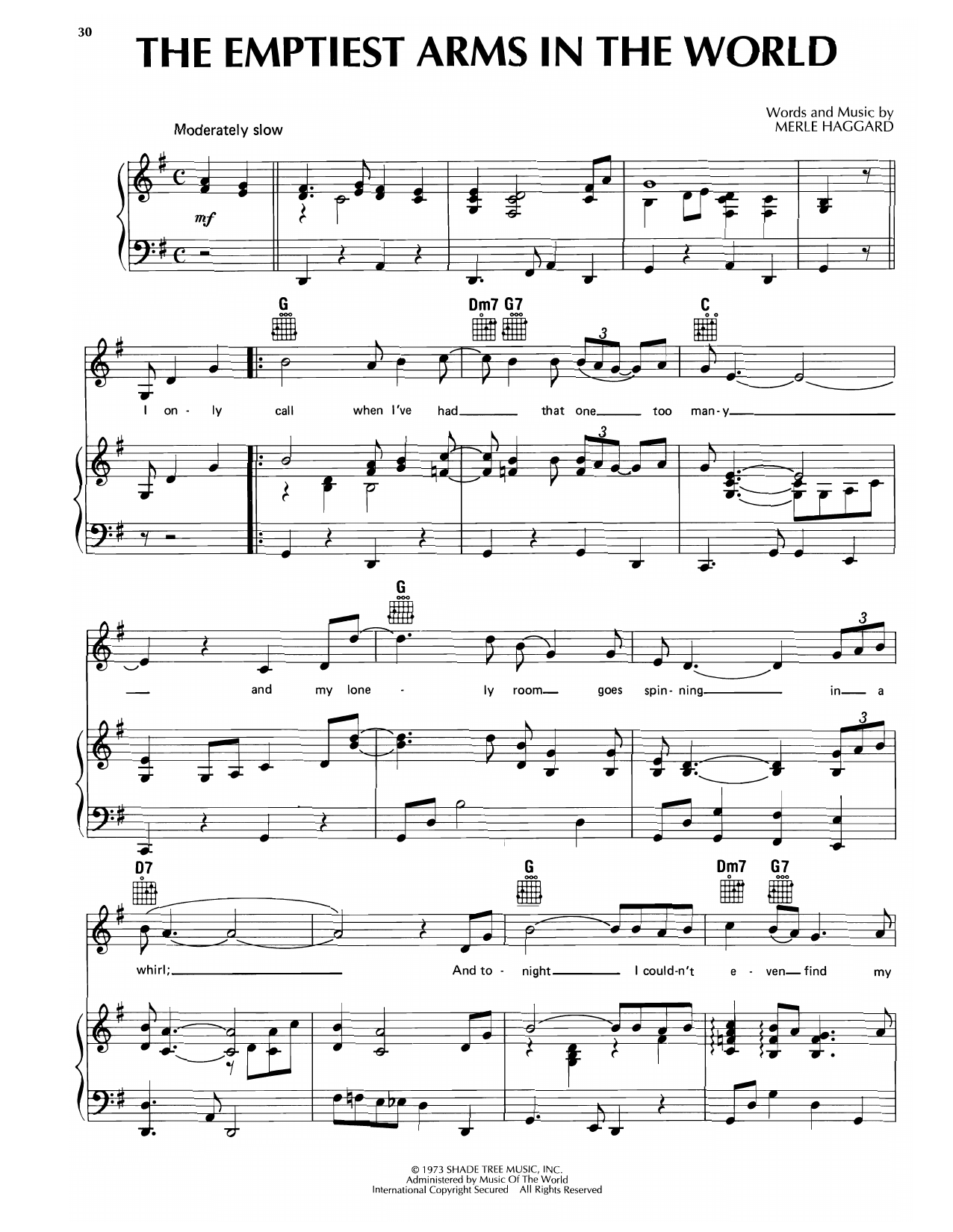 Merle Haggard The Emptiest Arms In The World Sheet Music Notes & Chords for Piano, Vocal & Guitar Chords (Right-Hand Melody) - Download or Print PDF