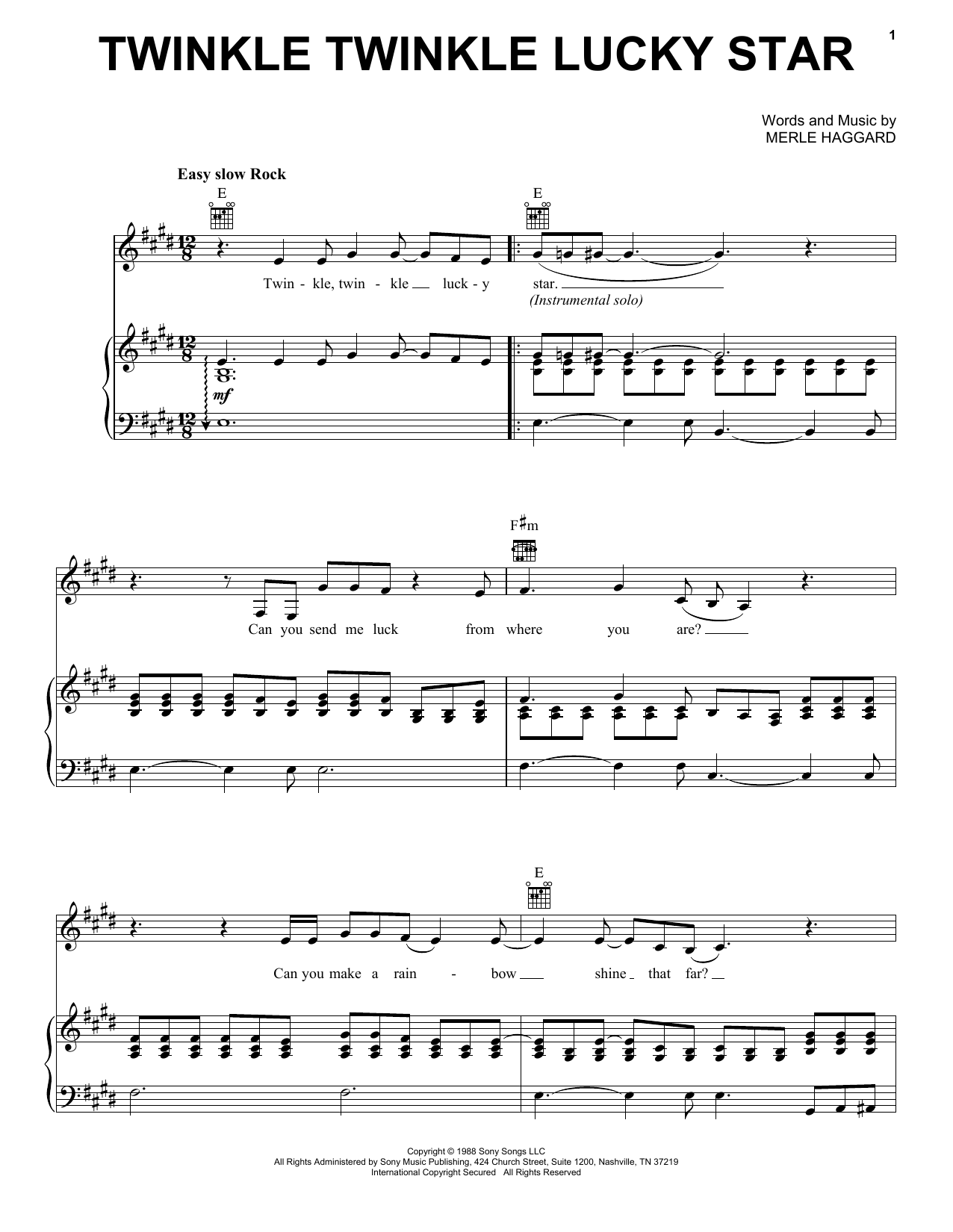 Merle Haggard Twinkle Twinkle Lucky Star Sheet Music Notes & Chords for Piano, Vocal & Guitar Chords (Right-Hand Melody) - Download or Print PDF