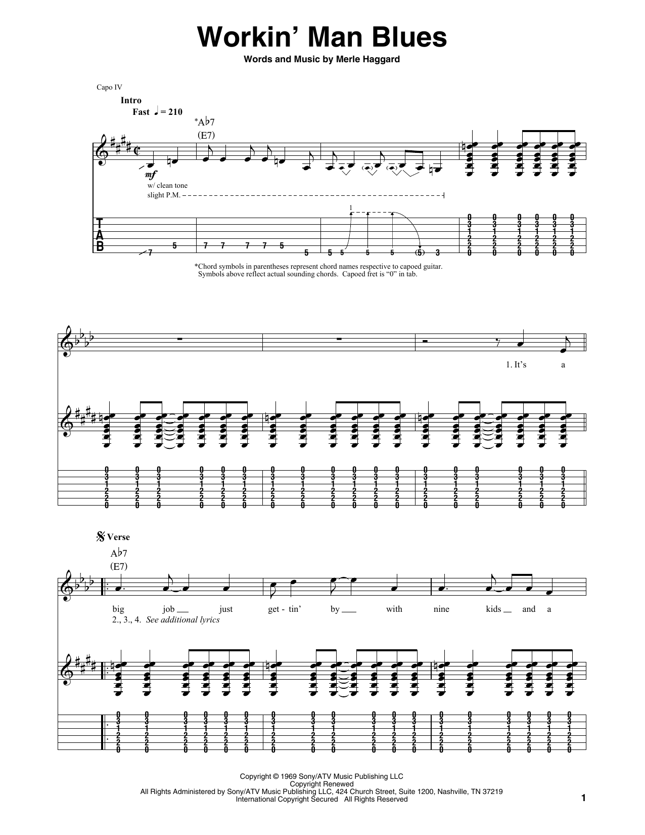 Merle Haggard Workin' Man Blues Sheet Music Notes & Chords for Guitar Tab - Download or Print PDF