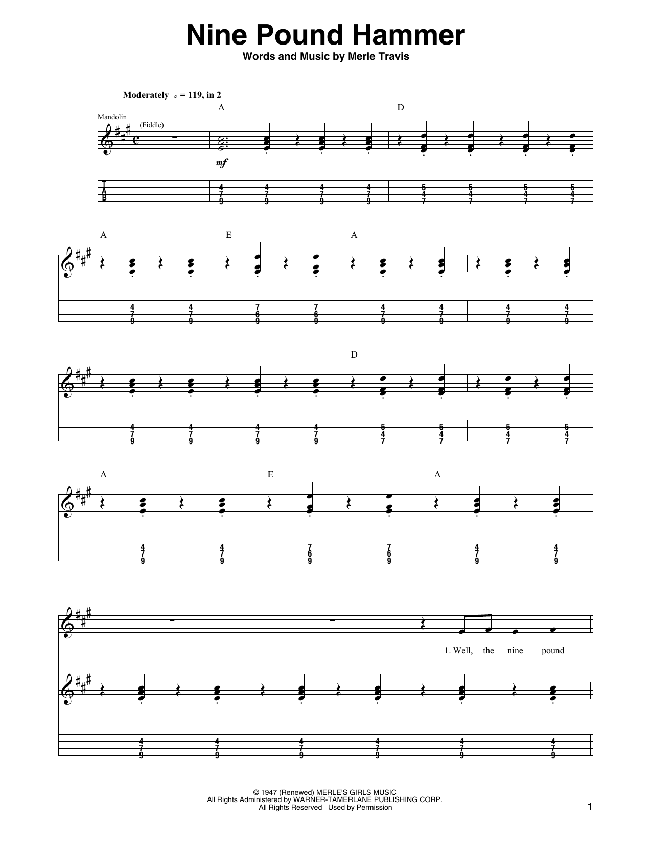 Merle Travis Nine Pound Hammer Sheet Music Notes & Chords for Mandolin Tab - Download or Print PDF