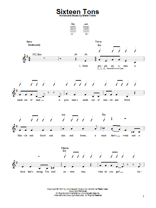 Merle Travis Sixteen Tons Sheet Music Notes & Chords for Easy Guitar - Download or Print PDF