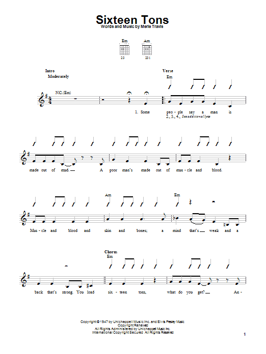 Merle Travis Sixteen Tons Sheet Music Notes & Chords for Lyrics & Chords - Download or Print PDF