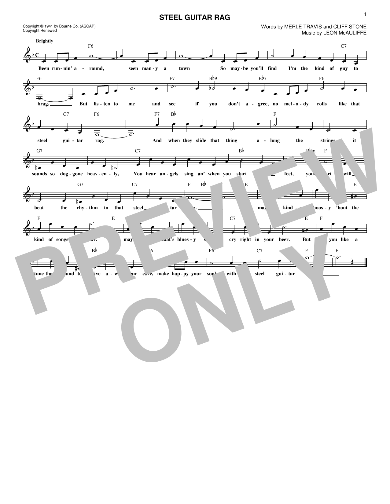 Merle Travis Steel Guitar Rag Sheet Music Notes & Chords for Melody Line, Lyrics & Chords - Download or Print PDF