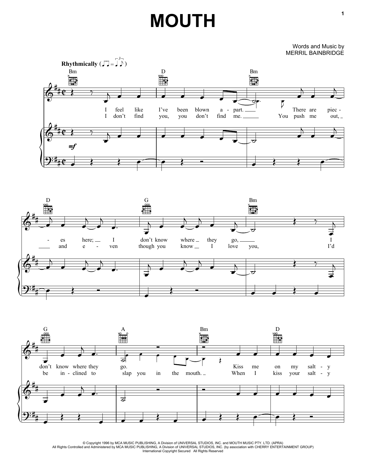 Merril Bainbridge Mouth Sheet Music Notes & Chords for Piano, Vocal & Guitar Chords (Right-Hand Melody) - Download or Print PDF