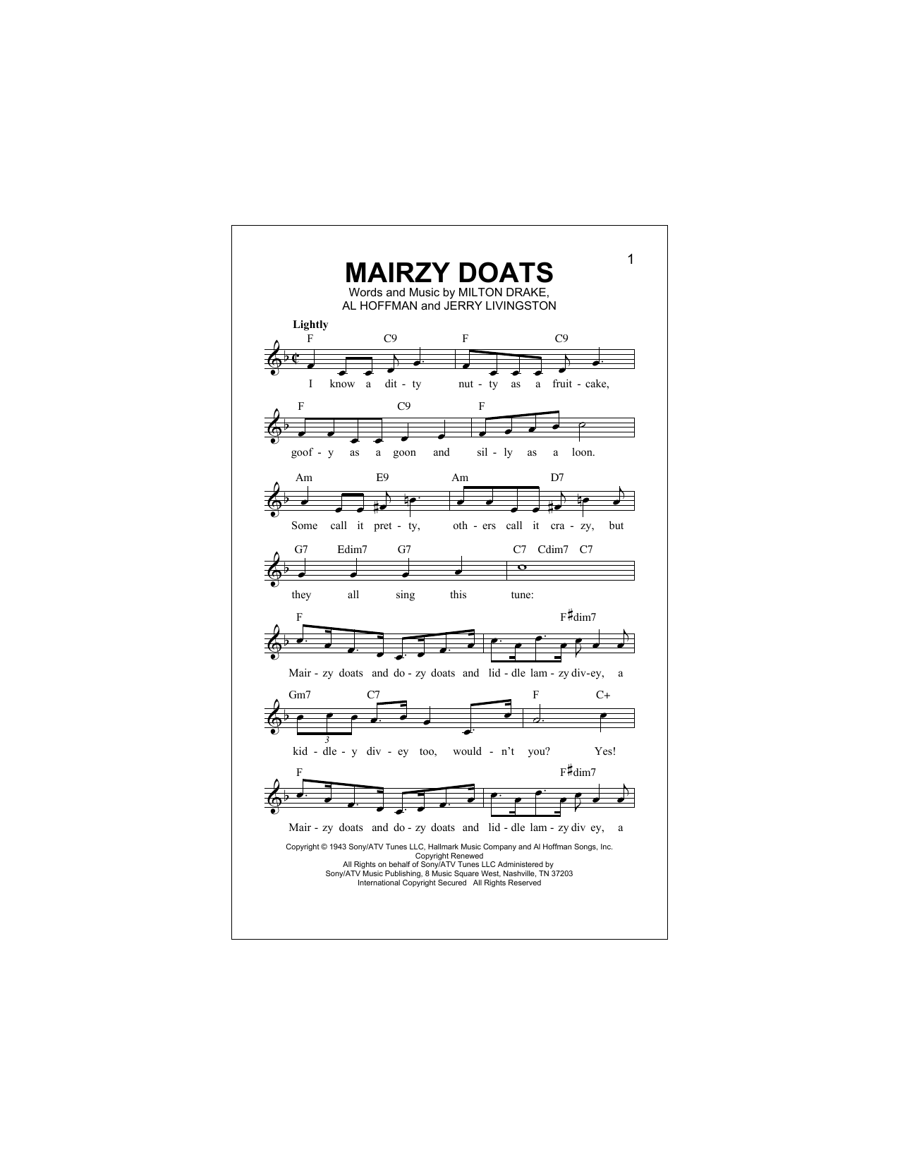 Merry Macs Mairzy Doats Sheet Music Notes & Chords for Melody Line, Lyrics & Chords - Download or Print PDF