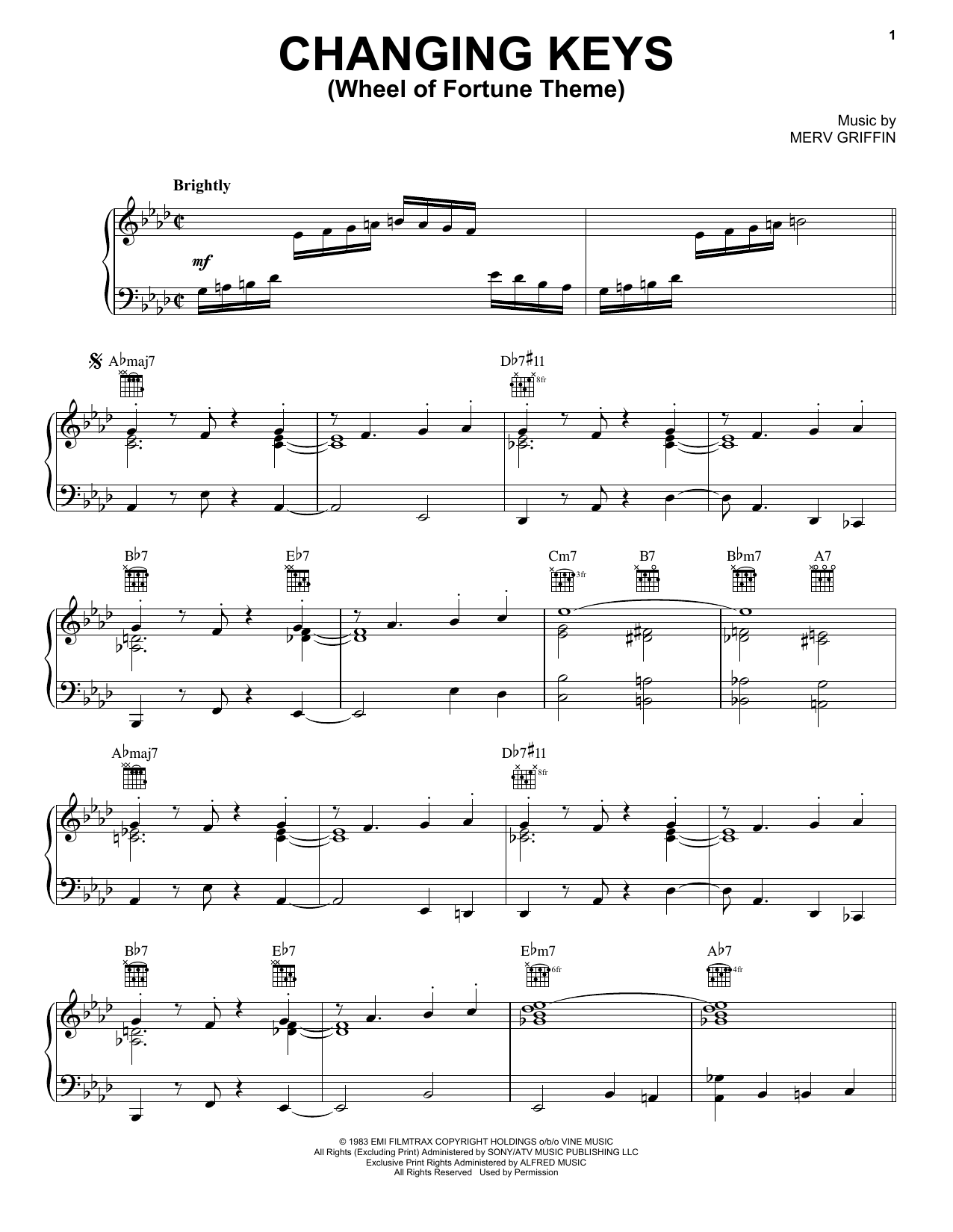 Merv Griffin Changing Keys (Wheel Of Fortune Theme) Sheet Music Notes & Chords for Very Easy Piano - Download or Print PDF