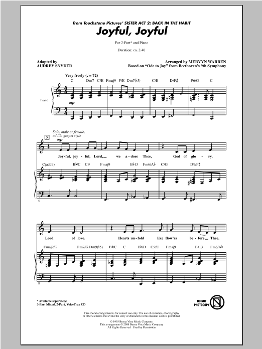 Mervyn Warren Joyful, Joyful (from Sister Act 2) (arr. Audrey Snyder) Sheet Music Notes & Chords for 2-Part Choir - Download or Print PDF