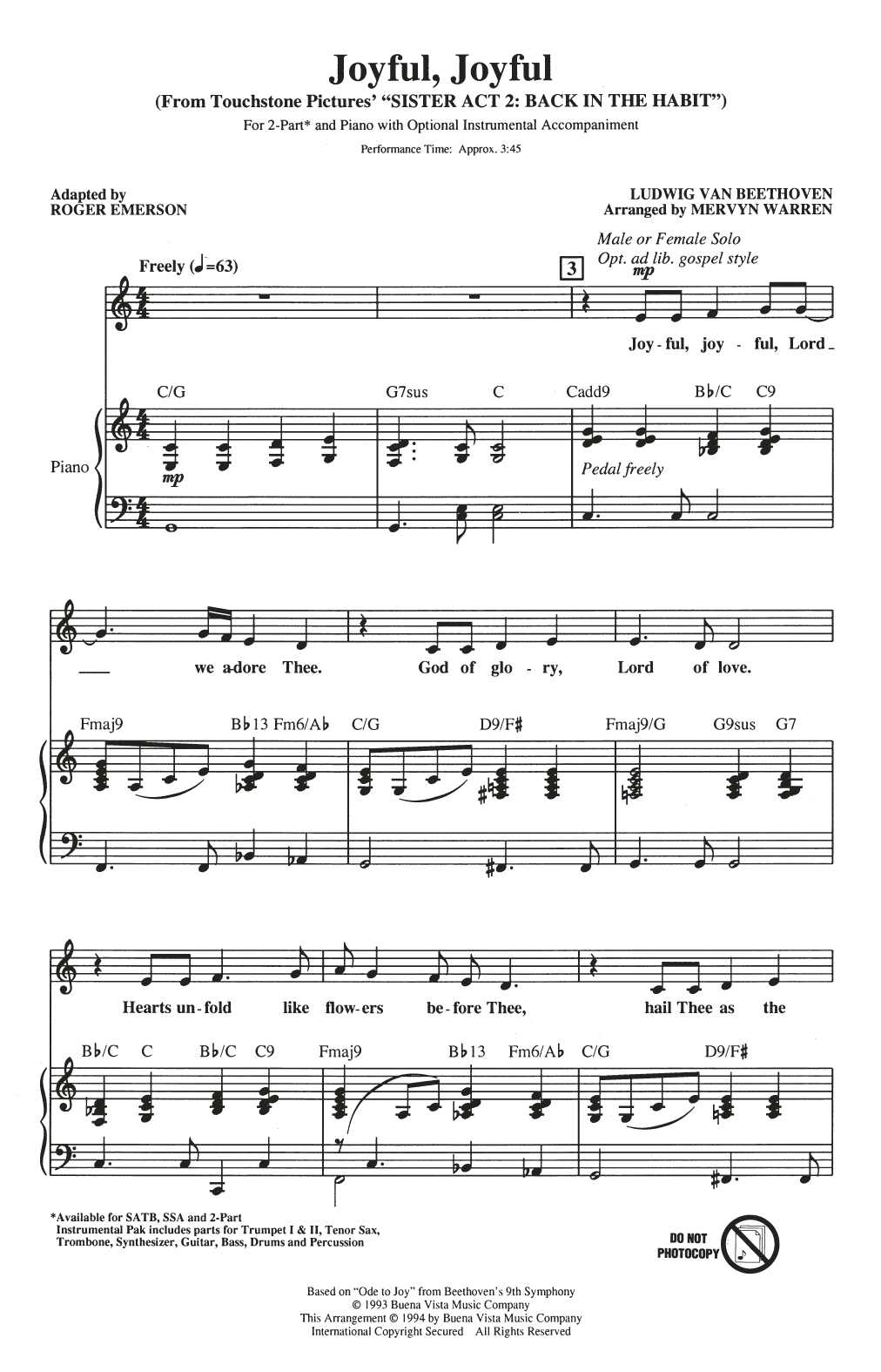 Mervyn Warren Joyful, Joyful (from Sister Act 2) (arr. Roger Emerson) Sheet Music Notes & Chords for SSA Choir - Download or Print PDF