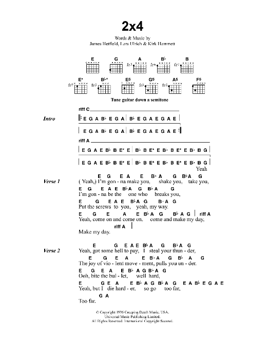 Metallica 2x4 Sheet Music Notes & Chords for Lyrics & Chords - Download or Print PDF