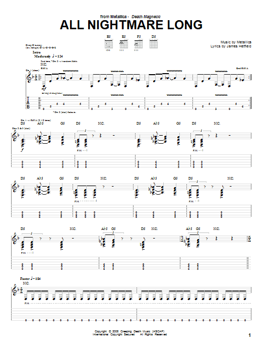 Metallica All Nightmare Long Sheet Music Notes & Chords for Easy Guitar Tab - Download or Print PDF