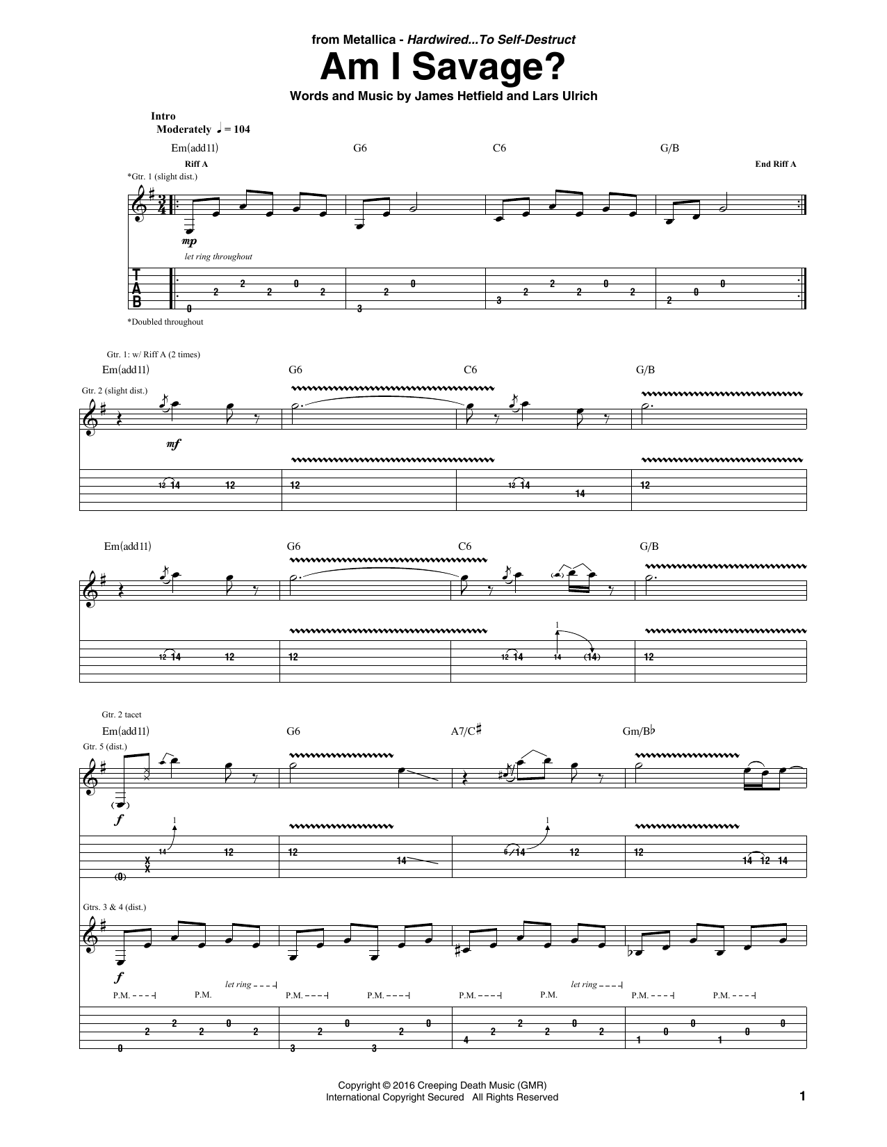 Metallica Am I Savage? Sheet Music Notes & Chords for Guitar Tab - Download or Print PDF