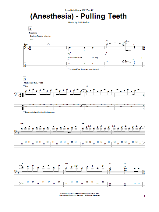 Metallica (Anesthesia) - Pulling Teeth Sheet Music Notes & Chords for Bass Guitar Tab - Download or Print PDF
