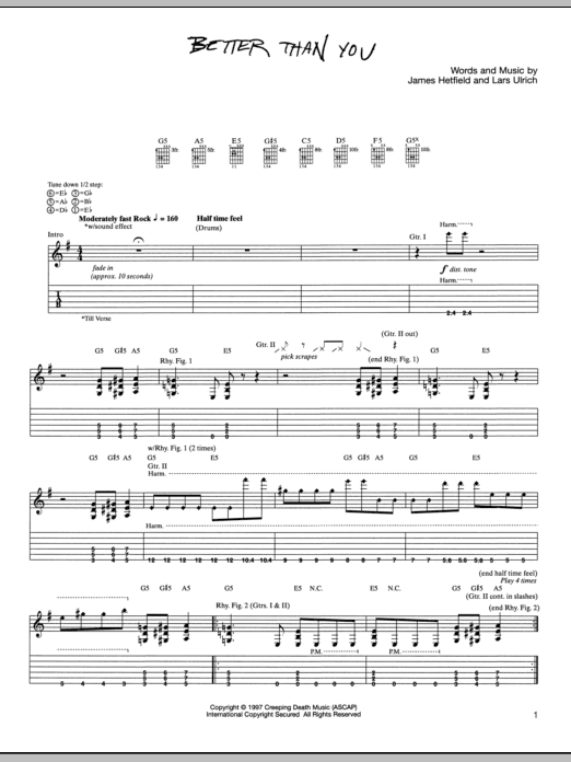 Metallica Better Than You Sheet Music Notes & Chords for Guitar Tab - Download or Print PDF