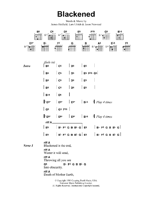 Metallica Blackened Sheet Music Notes & Chords for Lyrics & Chords - Download or Print PDF