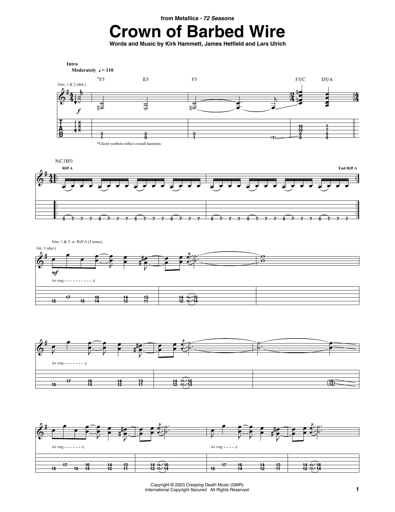 Metallica Crown Of Barbed Wire Sheet Music Notes & Chords for Guitar Tab - Download or Print PDF