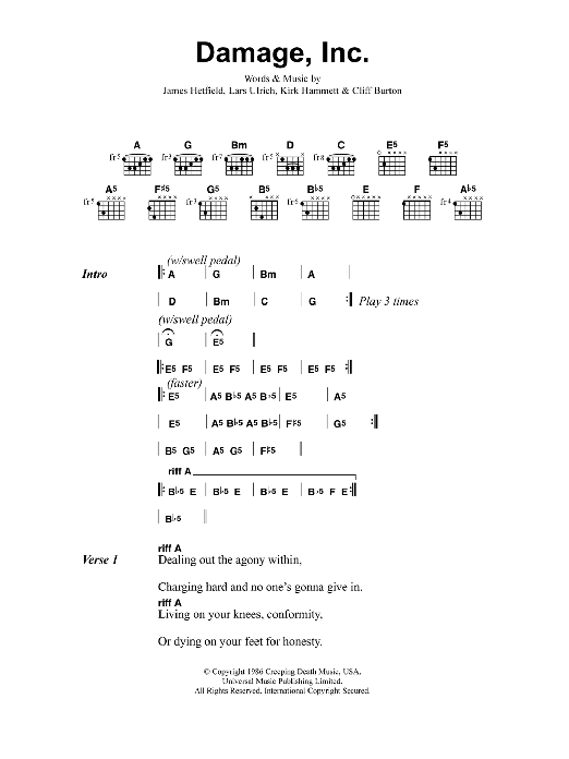 Metallica Damage, Inc Sheet Music Notes & Chords for Lyrics & Chords - Download or Print PDF