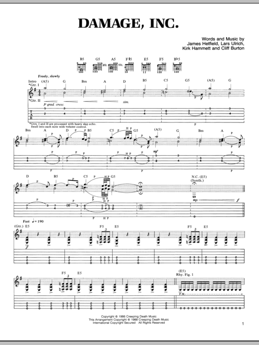 Metallica Damage, Inc Sheet Music Notes & Chords for Lyrics & Chords - Download or Print PDF