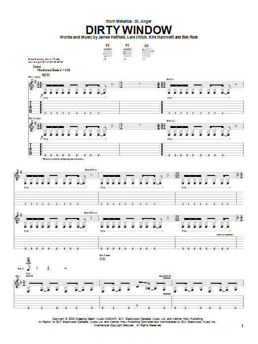 Metallica Dirty Window Sheet Music Notes & Chords for Bass Guitar Tab - Download or Print PDF