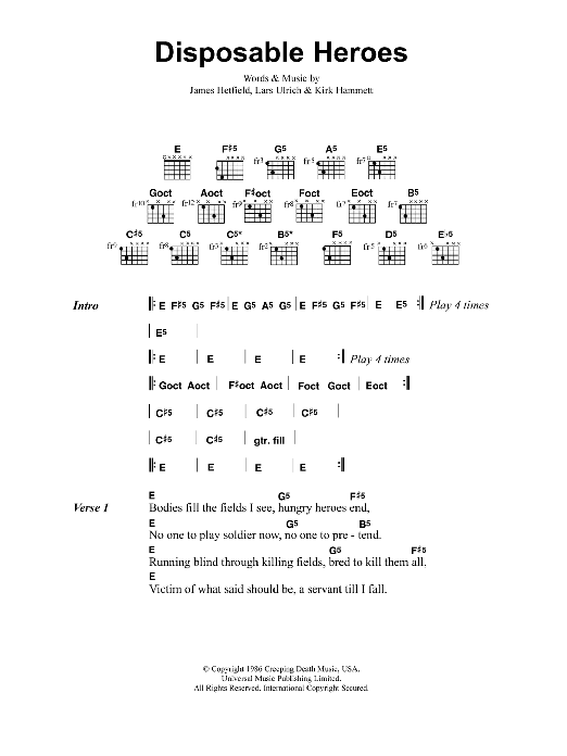 Metallica Disposable Heroes Sheet Music Notes & Chords for Lyrics & Chords - Download or Print PDF