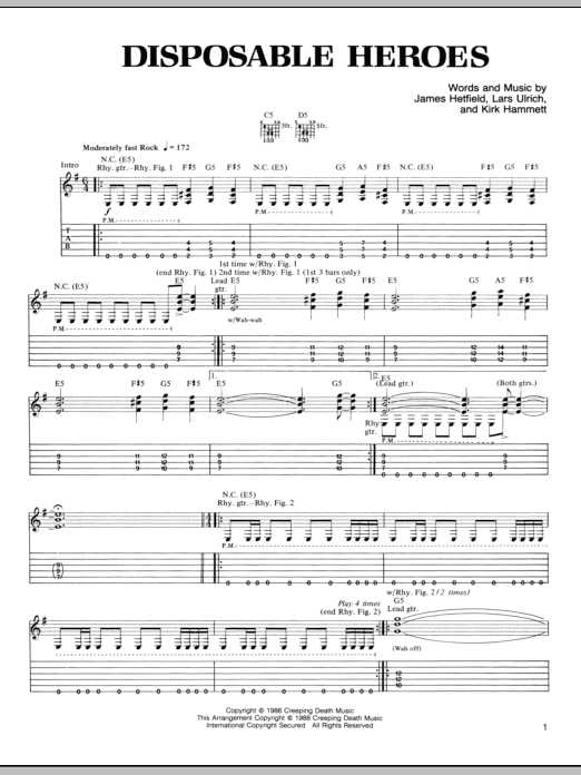 Metallica Disposable Heroes Sheet Music Notes & Chords for Guitar Tab - Download or Print PDF