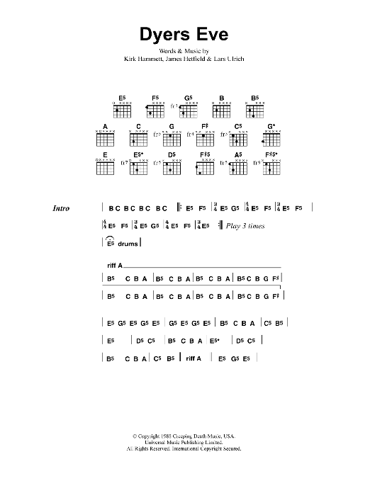 Metallica Dyers Eve Sheet Music Notes & Chords for Bass Guitar Tab - Download or Print PDF