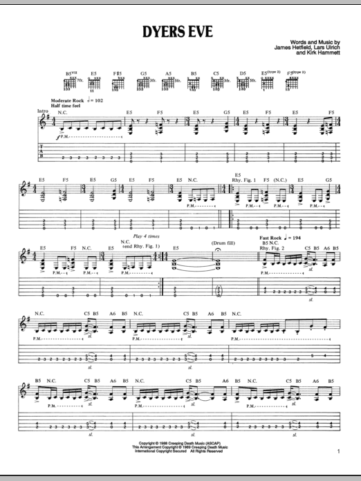 Metallica Dyers Eve Sheet Music Notes & Chords for Lyrics & Chords - Download or Print PDF