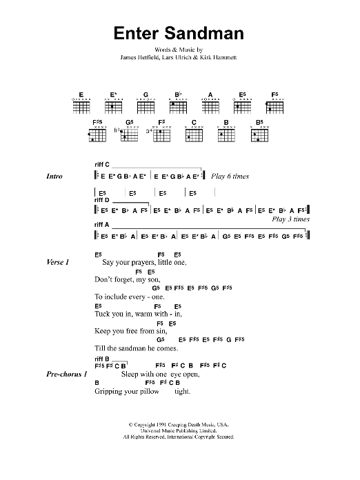 Metallica Enter Sandman Sheet Music Notes & Chords for Piano, Vocal & Guitar (Right-Hand Melody) - Download or Print PDF