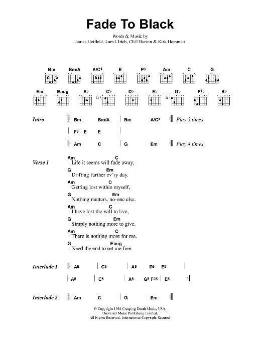 Metallica Fade To Black Sheet Music Notes & Chords for Ukulele - Download or Print PDF