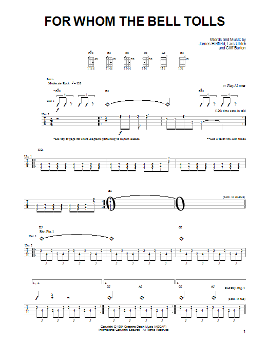 Metallica For Whom The Bell Tolls Sheet Music Notes & Chords for Lyrics & Chords - Download or Print PDF