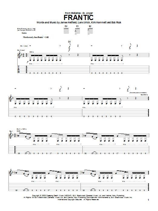 Metallica Frantic Sheet Music Notes & Chords for Easy Guitar Tab - Download or Print PDF