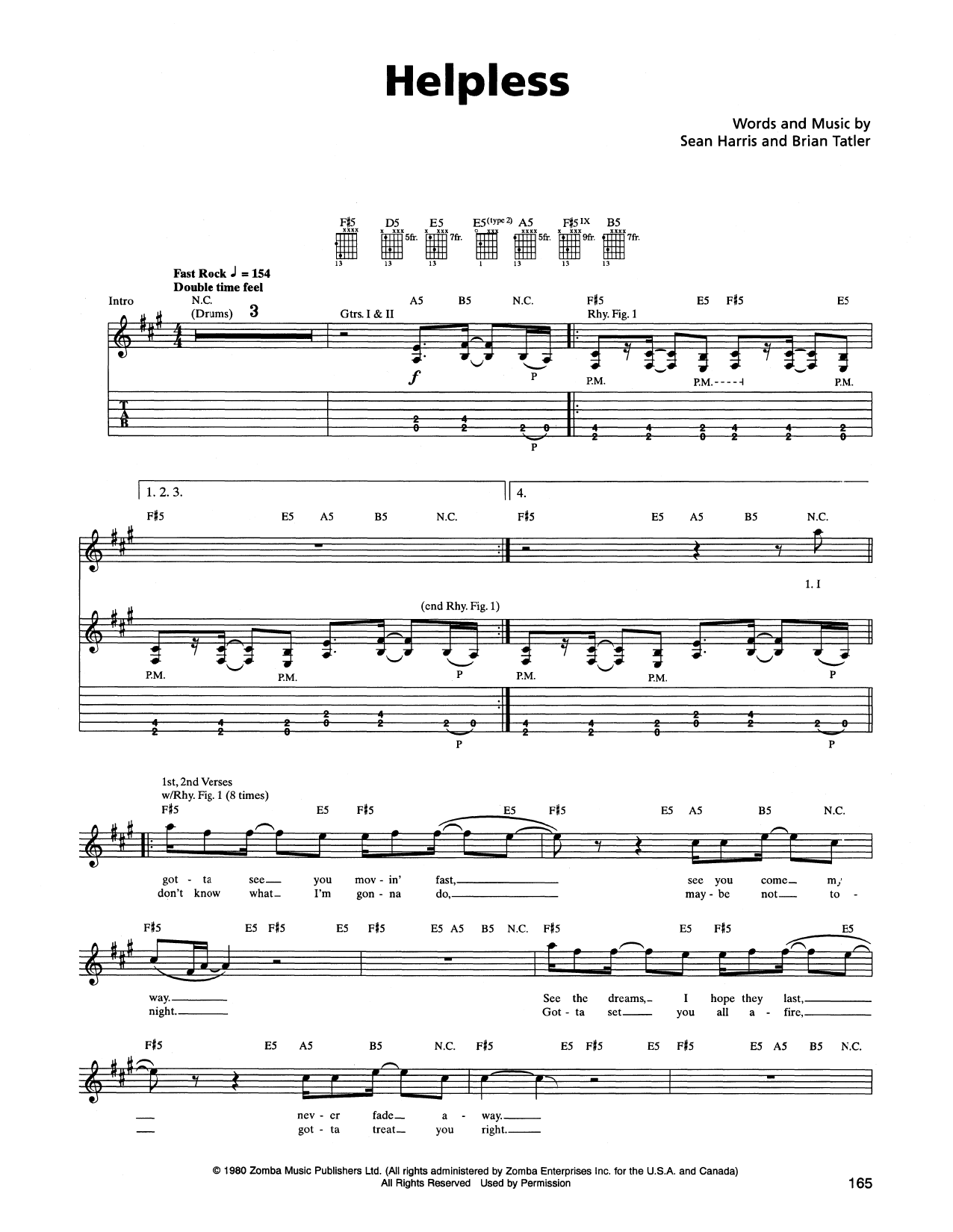 Metallica Helpless Sheet Music Notes & Chords for Lyrics & Chords - Download or Print PDF