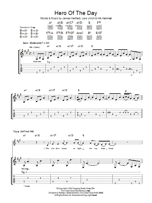 Metallica Hero Of The Day Sheet Music Notes & Chords for Bass Guitar Tab - Download or Print PDF
