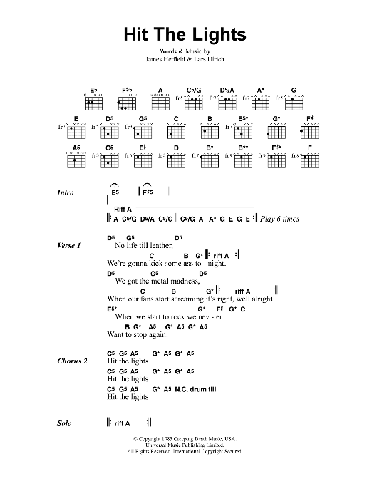 Metallica Hit The Lights Sheet Music Notes & Chords for Lyrics & Chords - Download or Print PDF