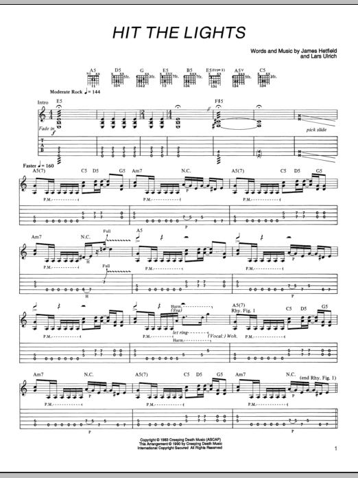 Metallica Hit The Lights Sheet Music Notes & Chords for Bass Guitar Tab - Download or Print PDF