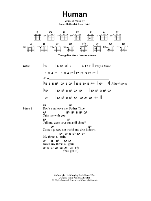 Metallica Human Sheet Music Notes & Chords for Lyrics & Chords - Download or Print PDF