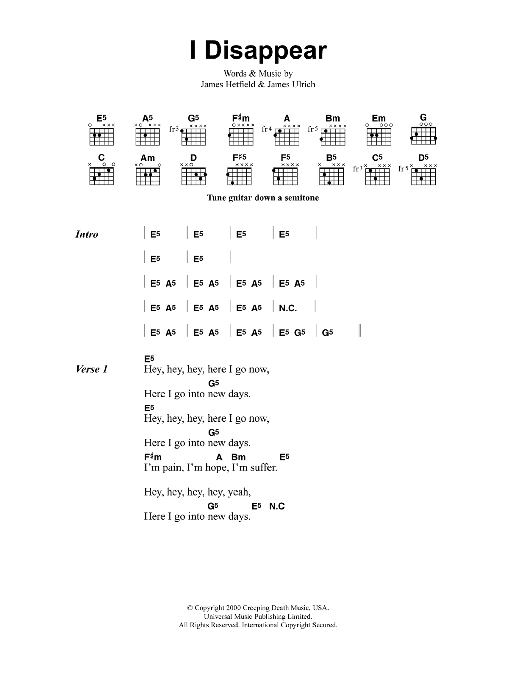 Metallica I Disappear Sheet Music Notes & Chords for Guitar Tab - Download or Print PDF