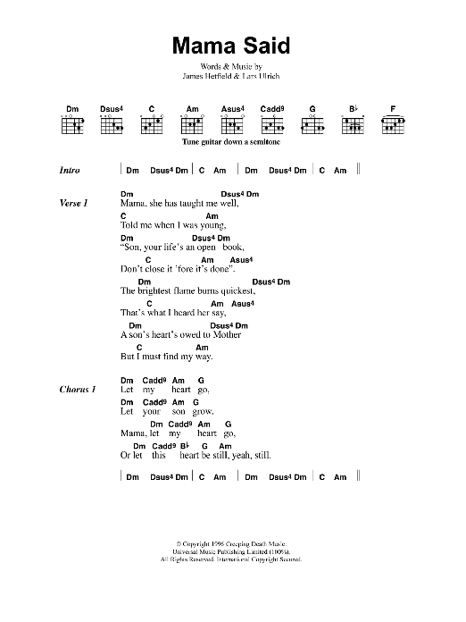 Metallica Mama Said Sheet Music Notes & Chords for Guitar Chords/Lyrics - Download or Print PDF