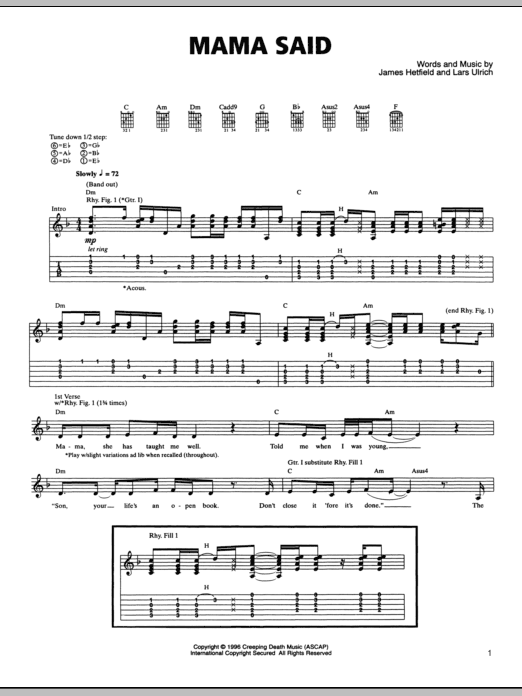 Metallica Mama Said Sheet Music Notes & Chords for Lyrics & Chords - Download or Print PDF