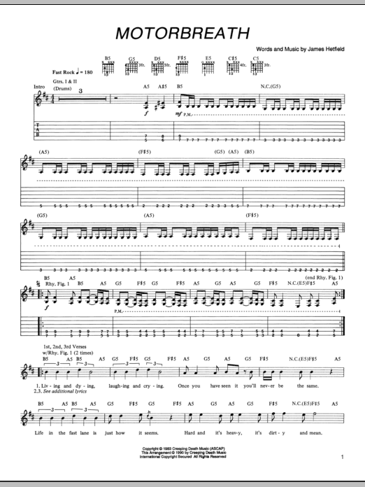 Metallica Motorbreath Sheet Music Notes & Chords for Lyrics & Chords - Download or Print PDF