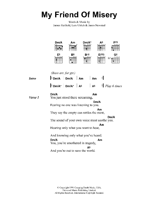 Metallica My Friend Of Misery Sheet Music Notes & Chords for Lyrics & Chords - Download or Print PDF