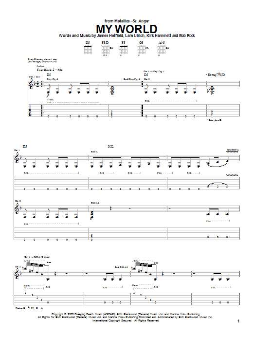 Metallica My World Sheet Music Notes & Chords for Easy Guitar Tab - Download or Print PDF