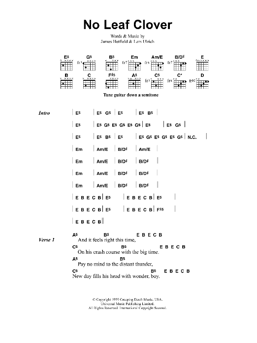 Metallica No Leaf Clover Sheet Music Notes & Chords for Lyrics & Chords - Download or Print PDF