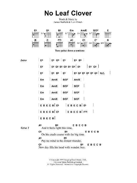 Metallica No Leaf Clover Sheet Music Notes & Chords for Guitar Tab - Download or Print PDF