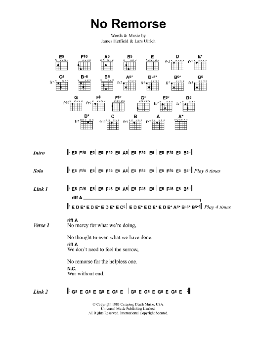 Metallica No Remorse Sheet Music Notes & Chords for Bass Guitar Tab - Download or Print PDF