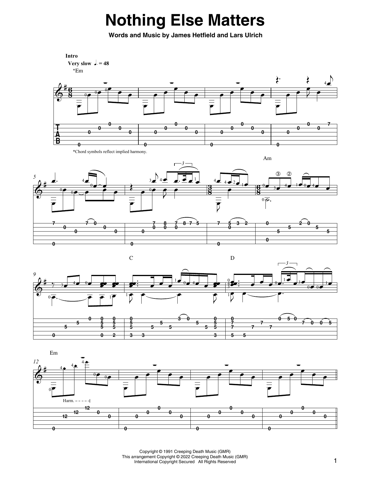 Metallica Nothing Else Matters (arr. Ben Pila) Sheet Music Notes & Chords for Solo Guitar - Download or Print PDF