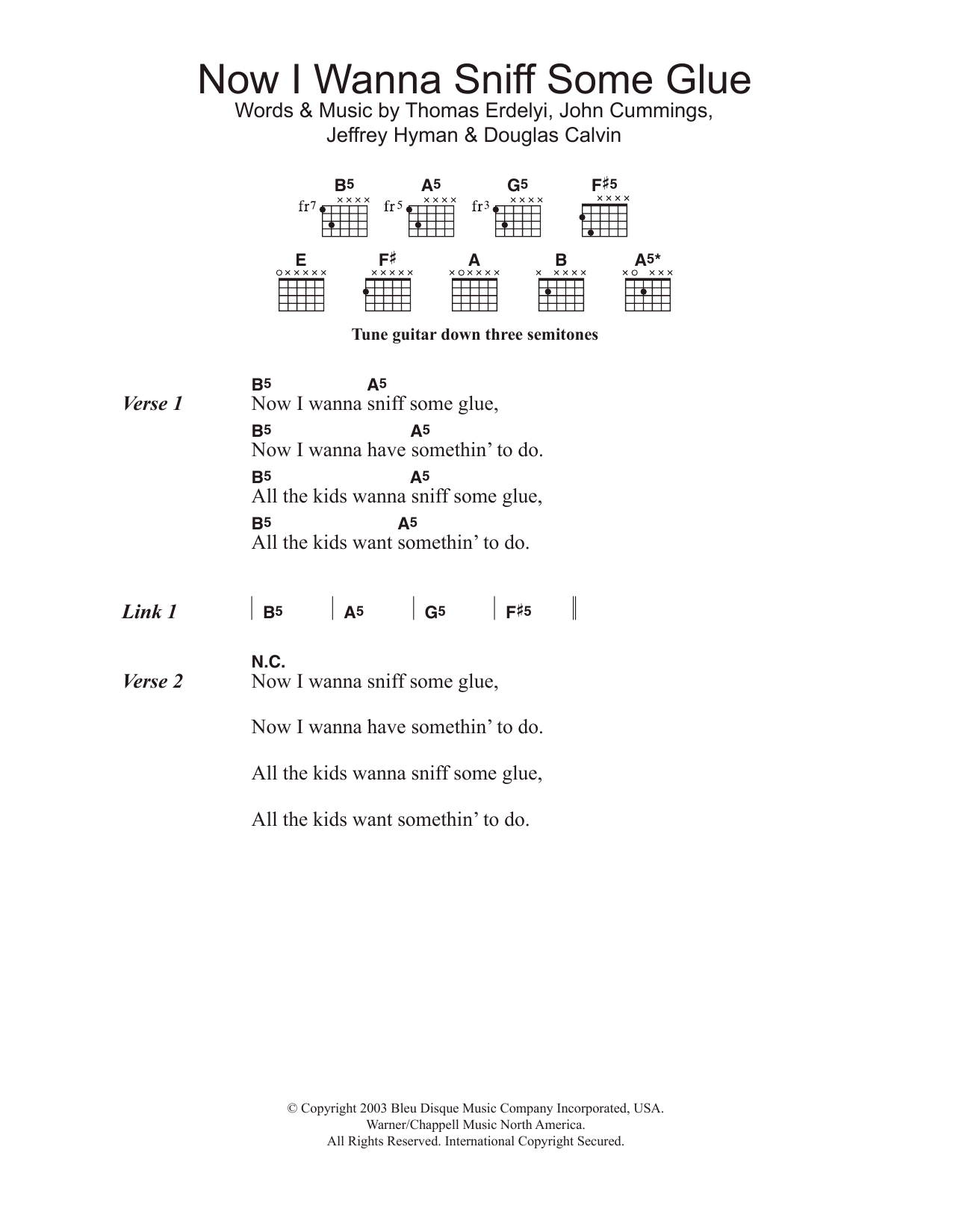 Metallica Now I Wanna Sniff Some Glue Sheet Music Notes & Chords for Lyrics & Chords - Download or Print PDF