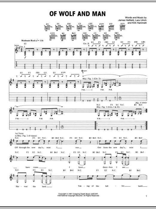 Metallica Of Wolf And Man Sheet Music Notes & Chords for Lyrics & Chords - Download or Print PDF