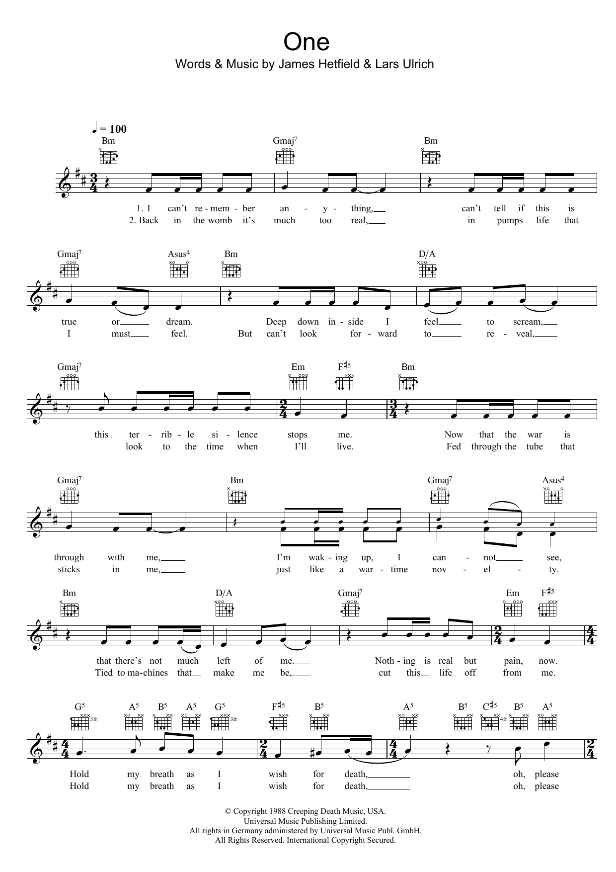 Metallica One Sheet Music Notes & Chords for Piano, Vocal & Guitar (Right-Hand Melody) - Download or Print PDF